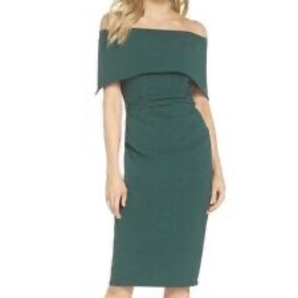 Vince Camuto Emerald Green Off-Shoulder Pop Over Sheath Dress
